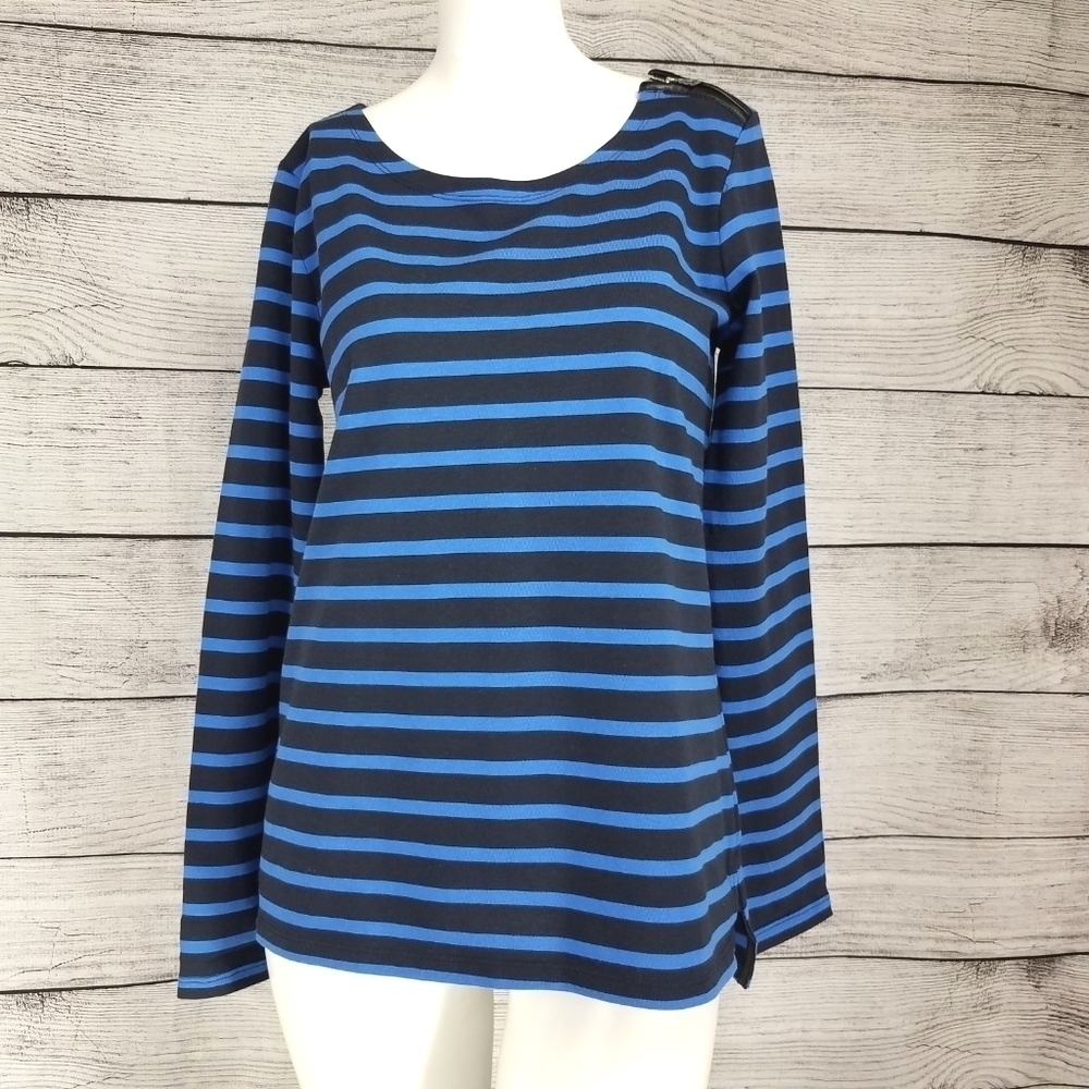 Ann Taylor S Top Faux Leather trim Zip shoulder Long sleeve Tee T-shirt Top
